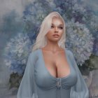 Platinum Blonde Woman in Blue Attire Among Blue Blossoms