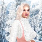 Platinum blonde woman in white sweater against snowy forest.