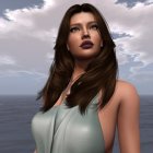 Digital art portrait: Woman with brown hair, blue dress, sea and sky backdrop