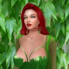 Digital artwork: Woman with vibrant red hair and green attire in lush foliage.