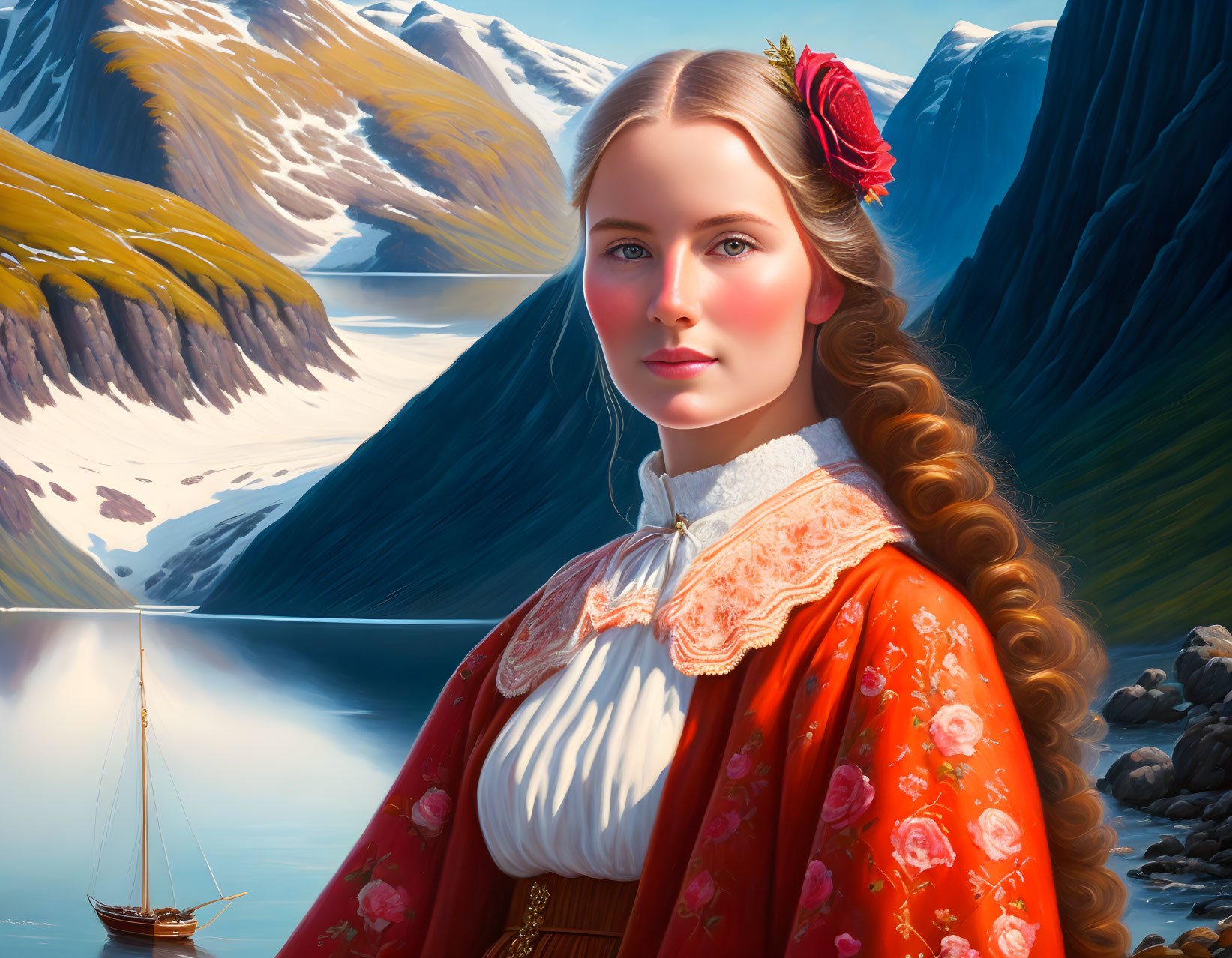 Digital artwork of woman in red dress with fjord landscape.