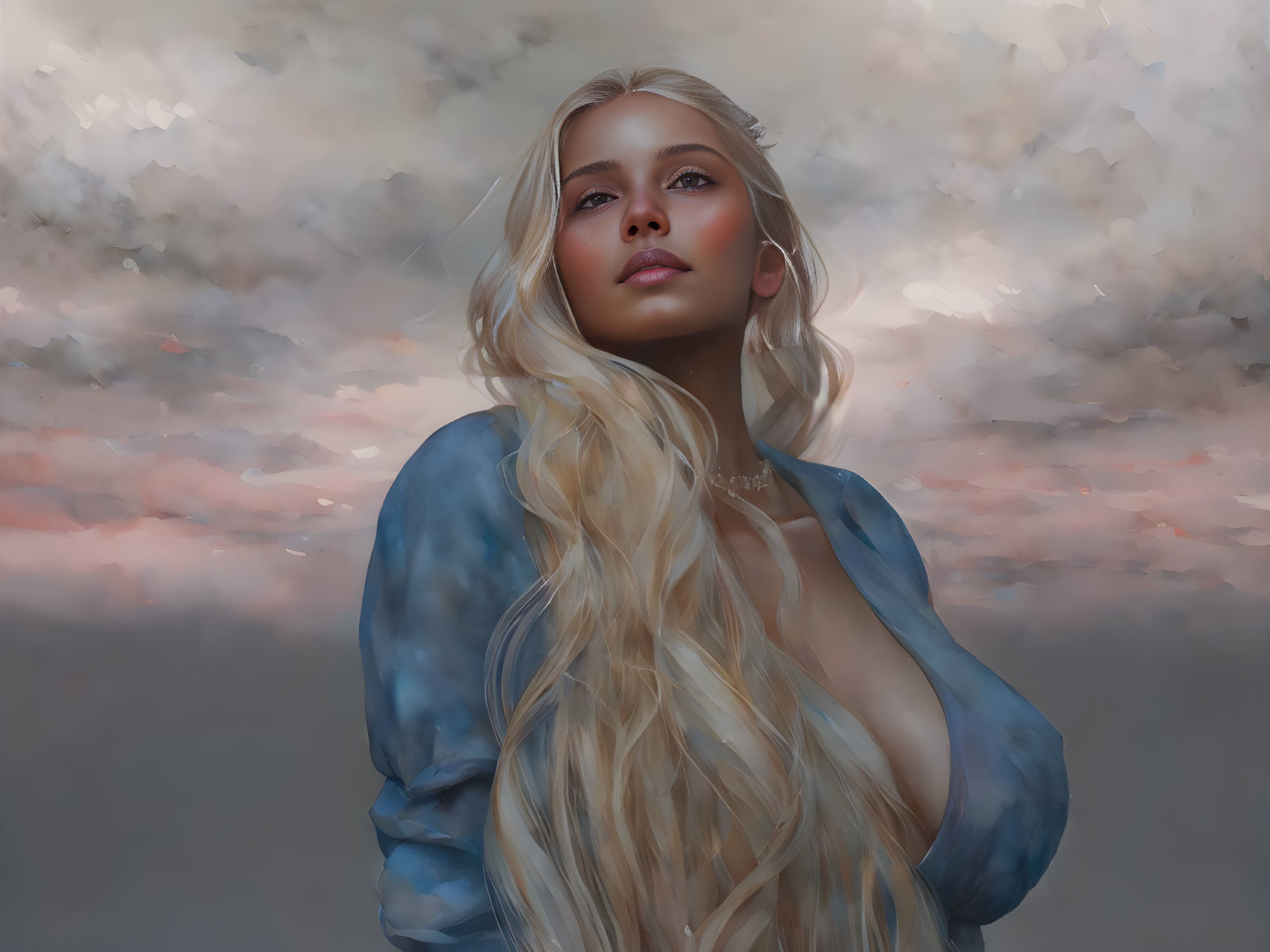 Blonde woman in blue top against sunset sky portrait