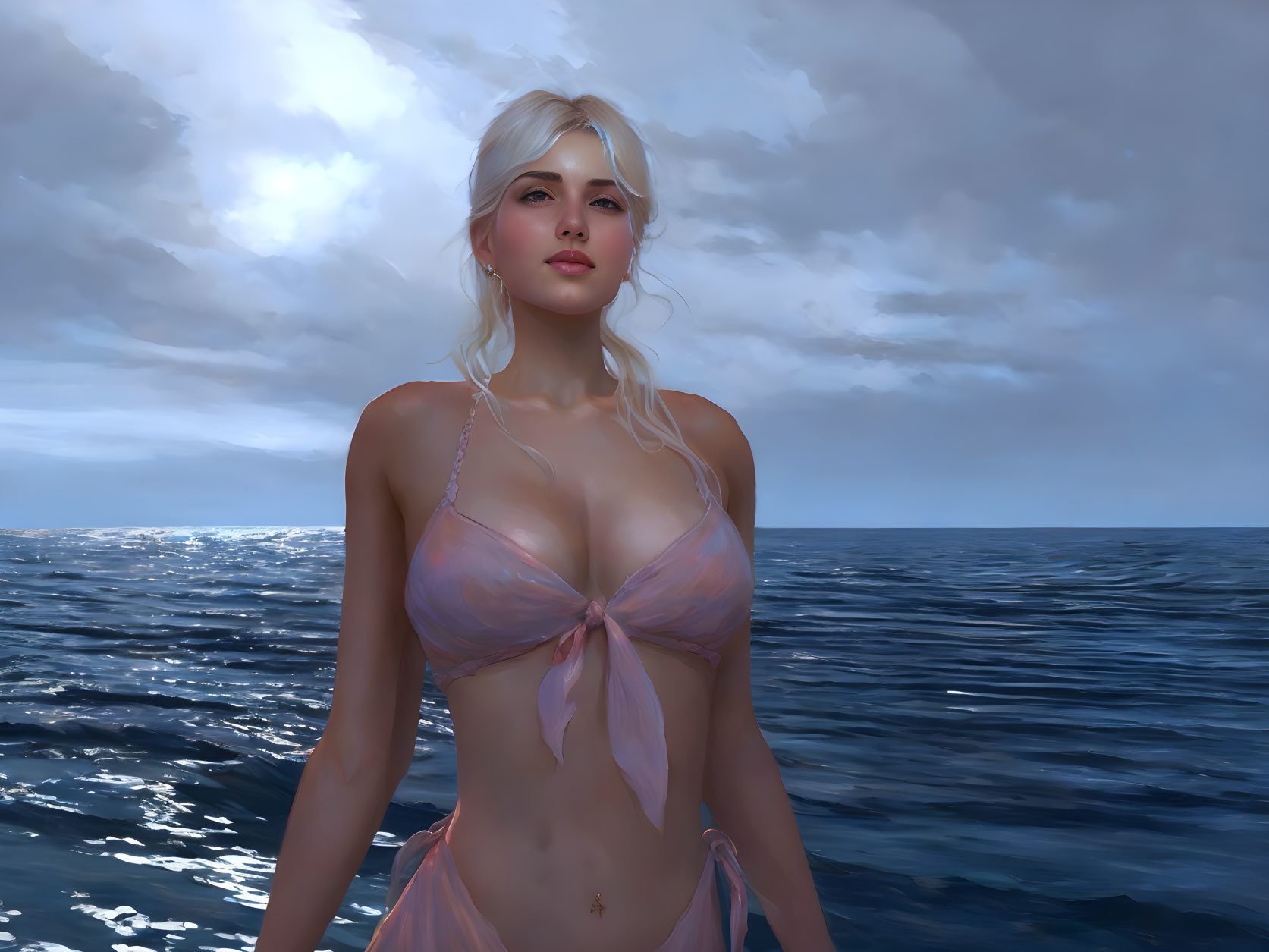 Digital artwork: Woman with white hair in pink bikini by ocean under cloudy sky