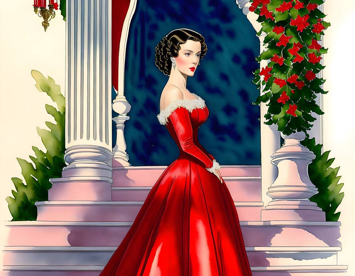 Elegant woman in red ball gown on steps with greenery and red flowers