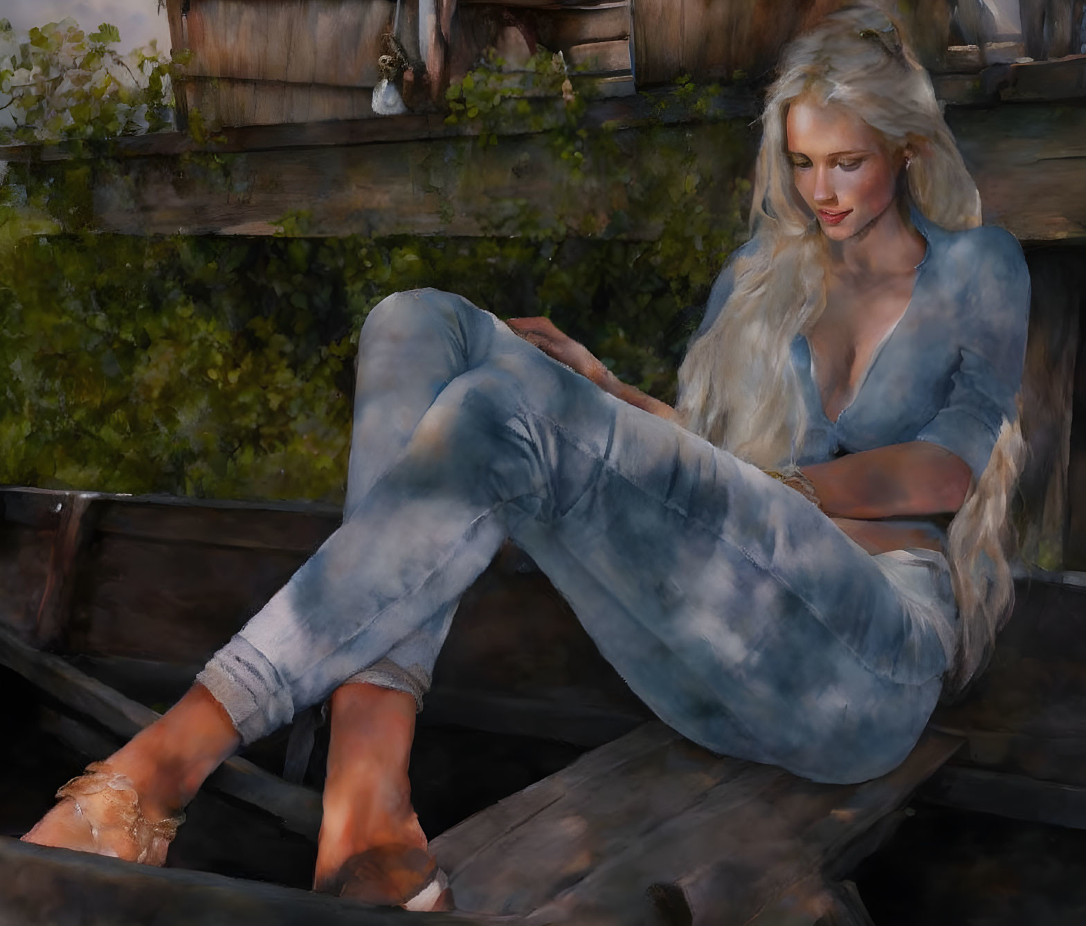 Blonde woman in blue denim sitting on rustic boat with foliage