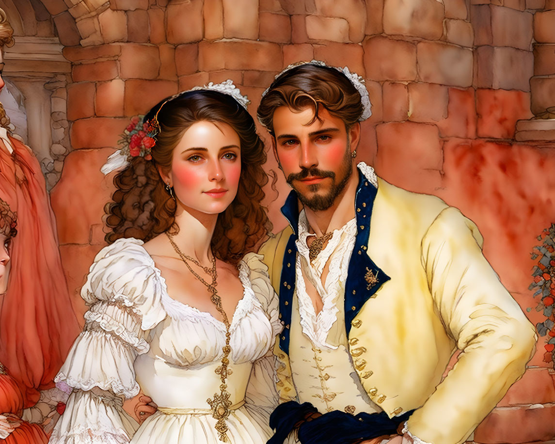 Illustrated Couple in Historical Costumes with Woman in White Dress and Man in Yellow Jacket