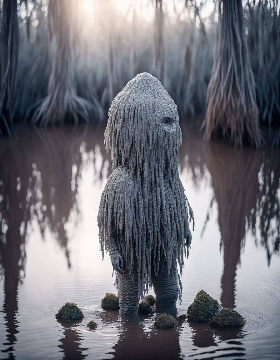 Mystical creature in tranquil swamp with bare trees and sunlight