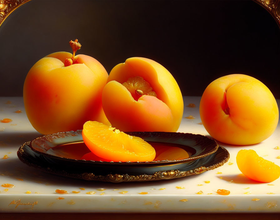 Fresh Apricots and Slices on Dark Plate with Kernels on Light Background