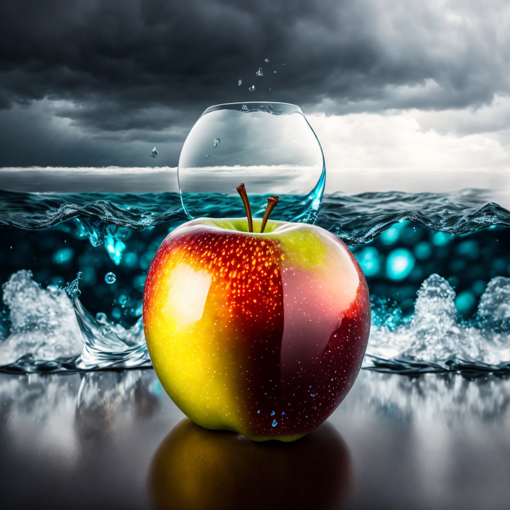 Apple with water splash effect on stormy sea background