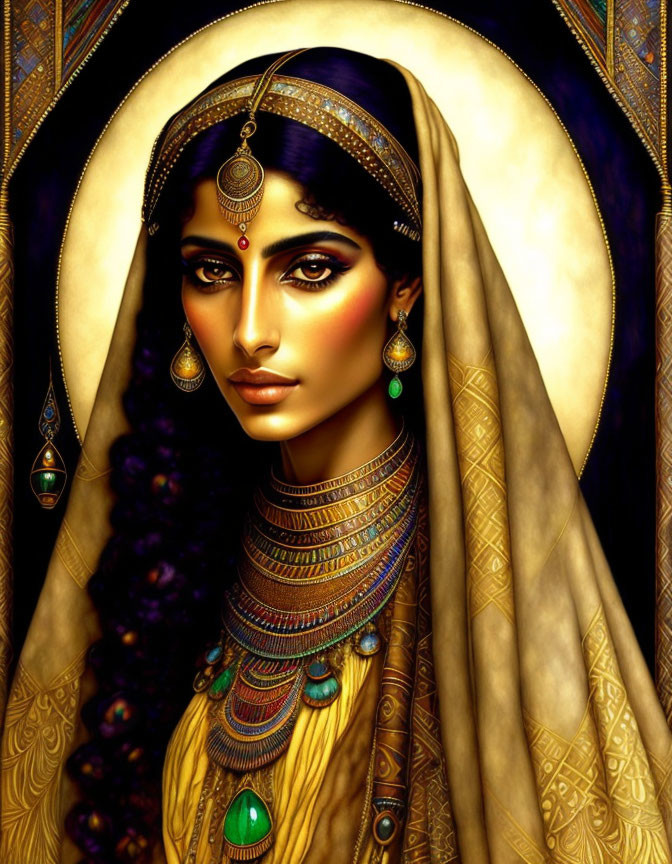 Regal woman with elegant jewelry and makeup in golden shawl