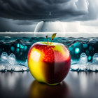 Apple with water splash effect on stormy sea background