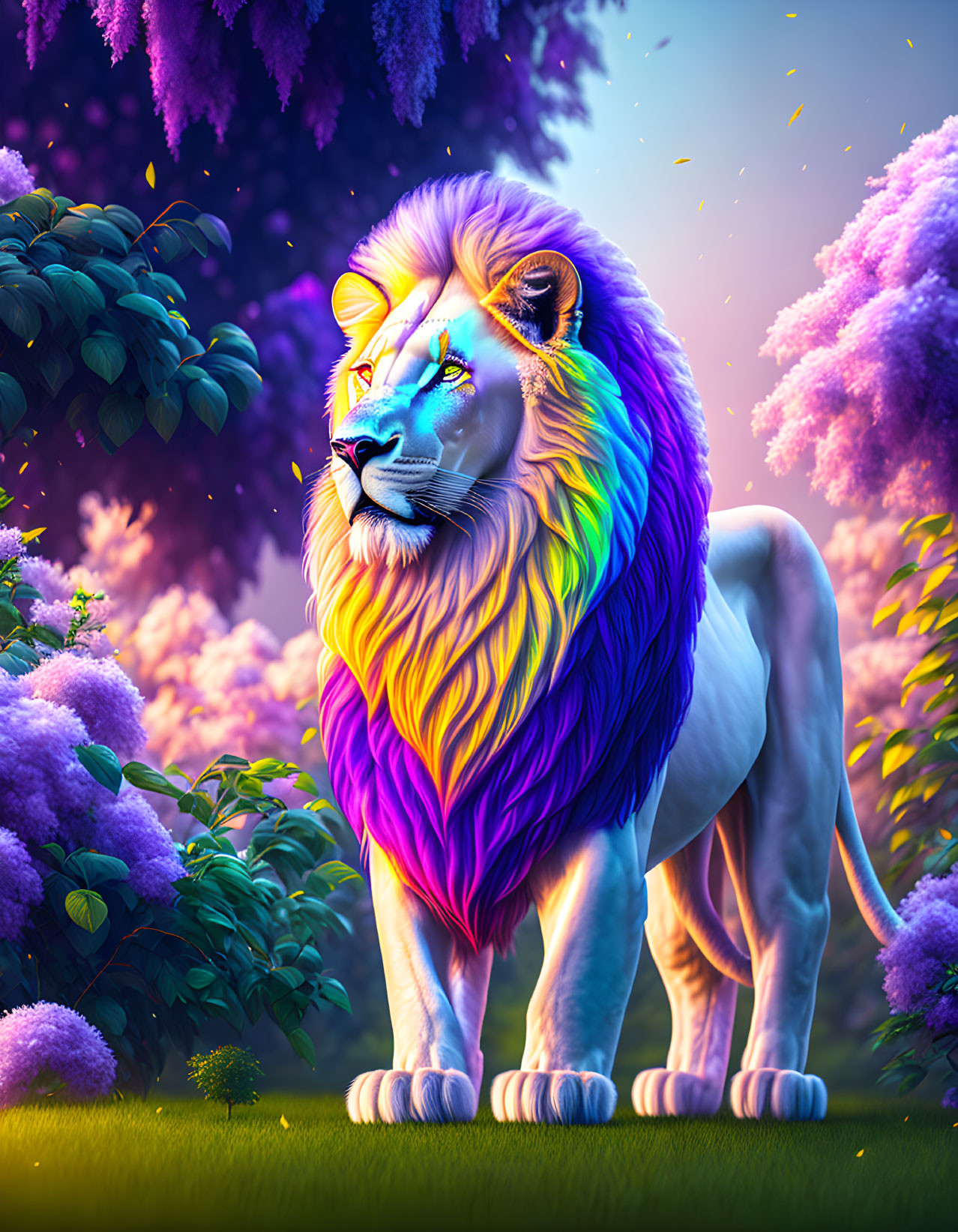 Colorful lion with rainbow mane in lush landscape