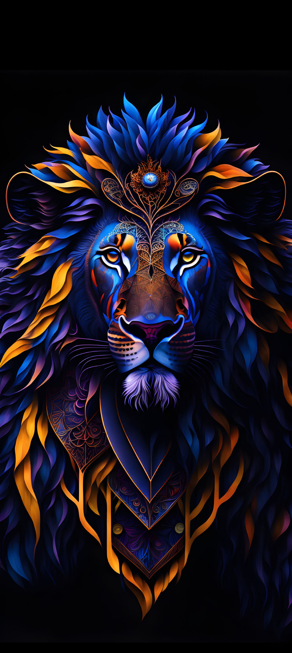 Colorful digital artwork: lion with blue and orange hues and mystical eye.