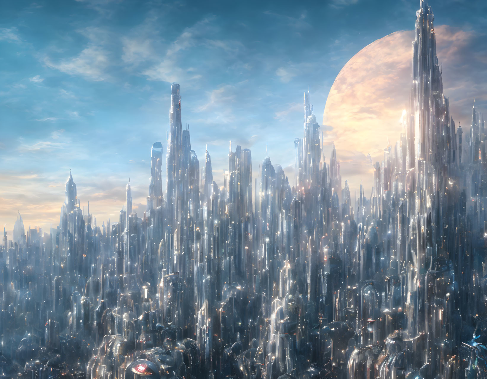 Futuristic cityscape with crystal skyscrapers under blue sky