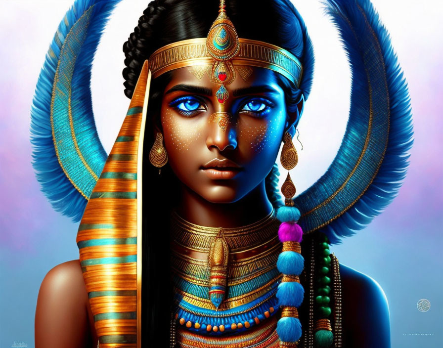 Blue-skinned female figure with Egyptian-style jewelry and feather adornments.