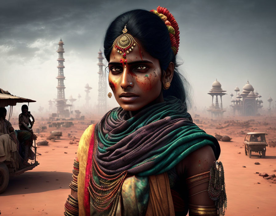 Traditional Indian woman in desert with ornate towers and oxen cart.