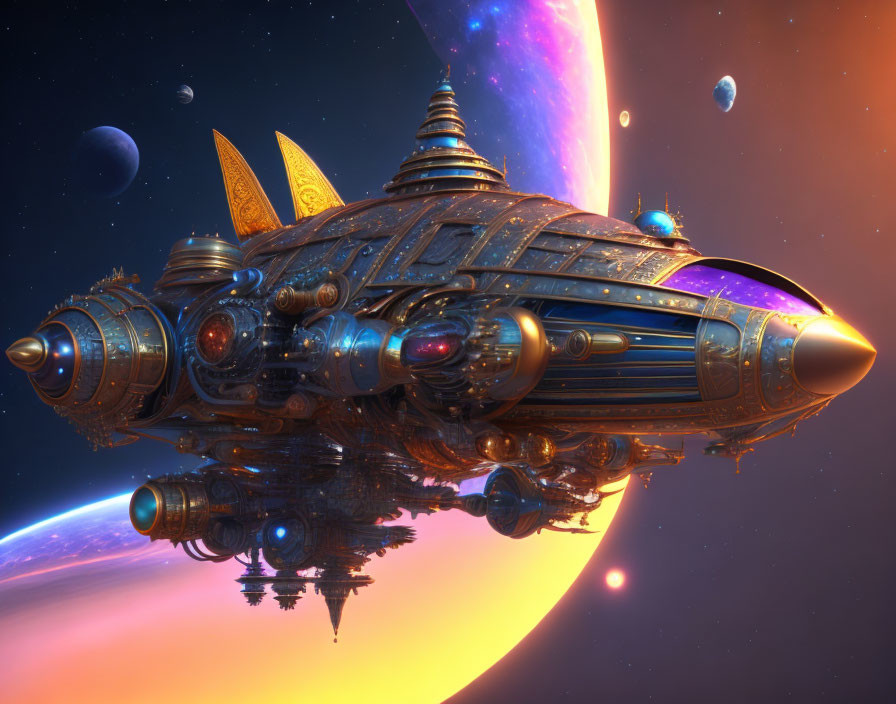 Detailed Steampunk Spaceship with Golden Fins Flying over Nebula