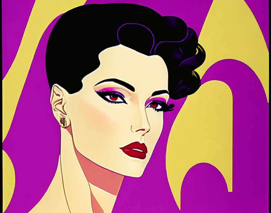 Dark-haired woman in pop art style against yellow and purple backdrop