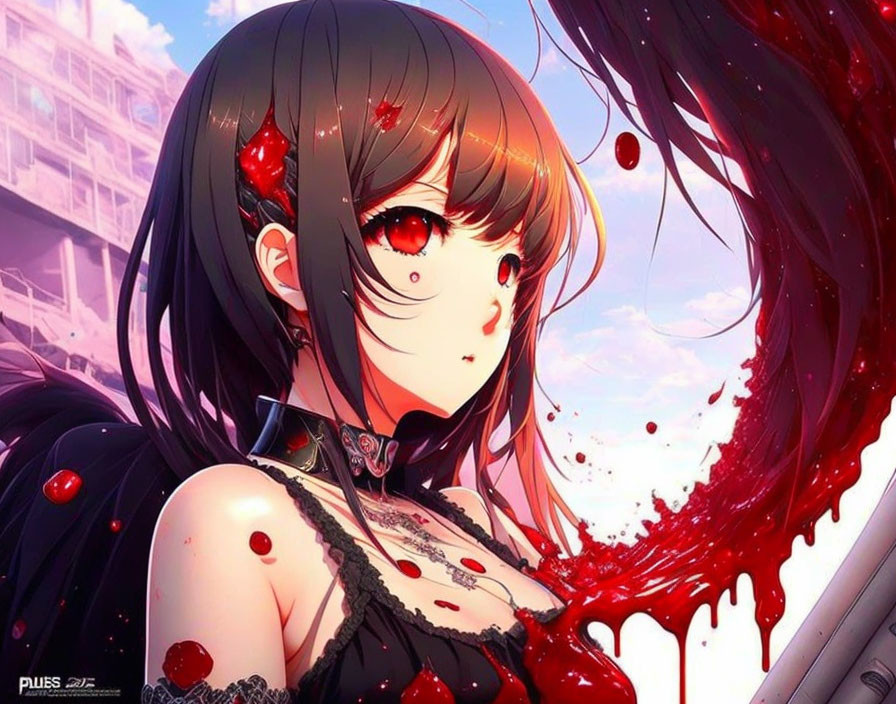 Anime-style Girl with Red Eyes and Black Hair in Dark Clothes with Red Highlights