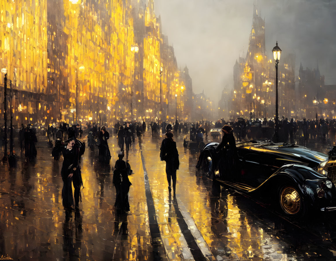 Cityscape at Dusk: Pedestrians, Vintage Car, Golden Lights