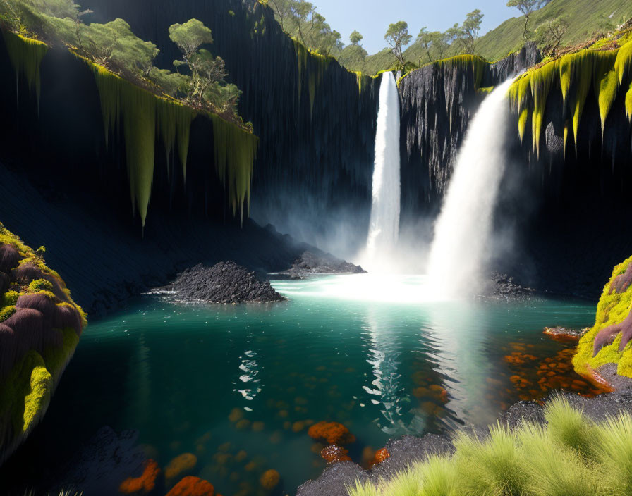 Mystical waterfall flowing into tranquil lagoon with lush vegetation