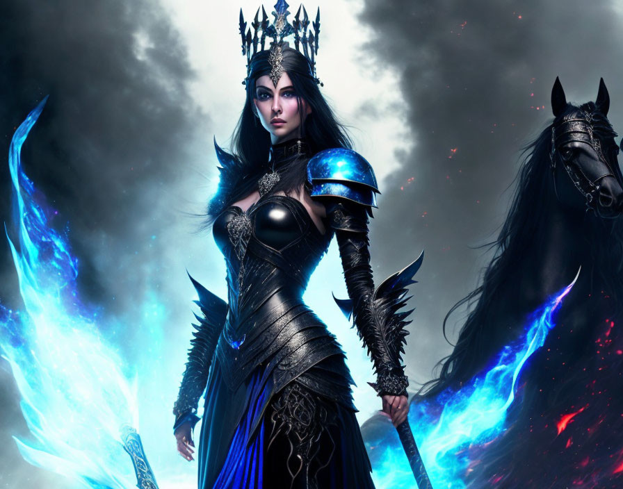 Fantasy queen in black armor with blue aura beside dark steed under stormy sky