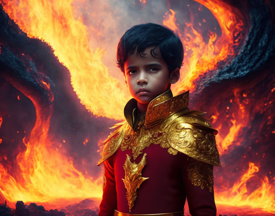 Young boy in regal red and gold outfit against fiery backdrop