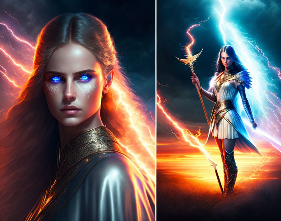 Fantasy female warrior with glowing blue eyes and lightning spear in digital artwork