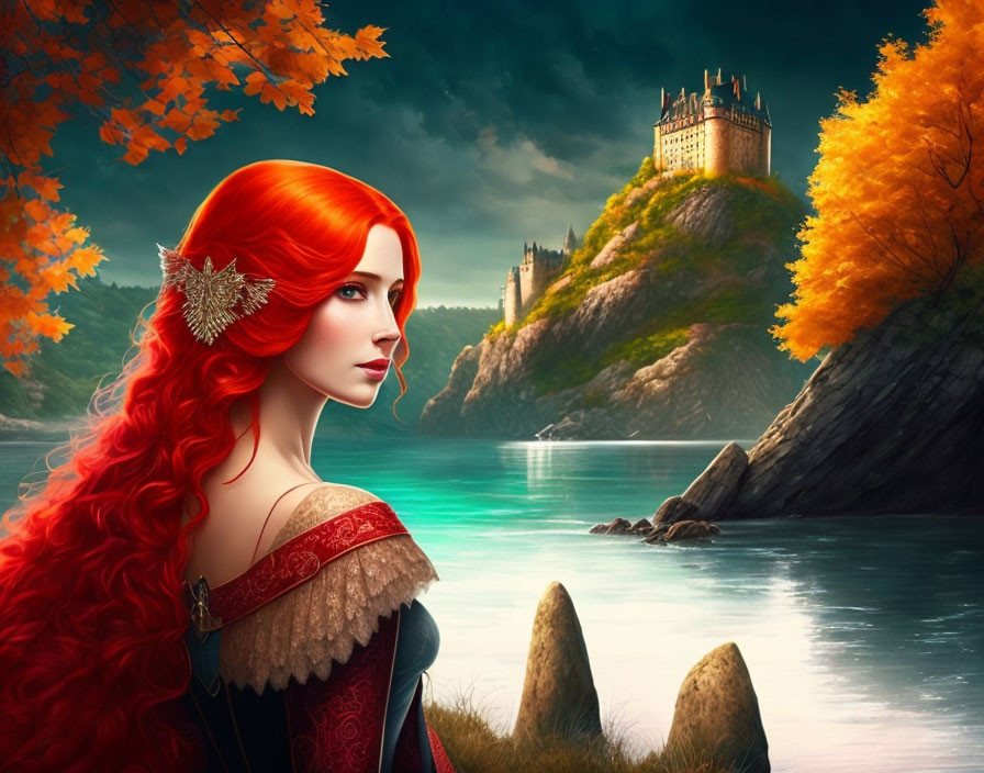 Red-haired woman in medieval attire gazes at castle above azure sea.