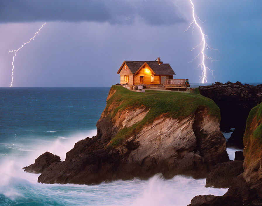 Seaside cliff house illuminated by lightning at night