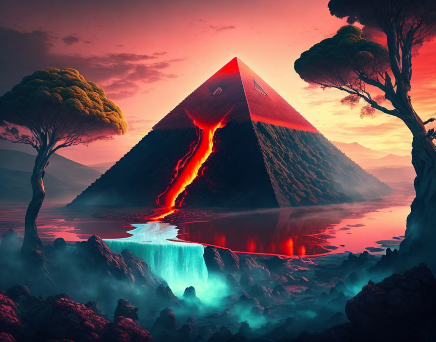 Surreal landscape with glowing lava pyramid and neon waterfalls