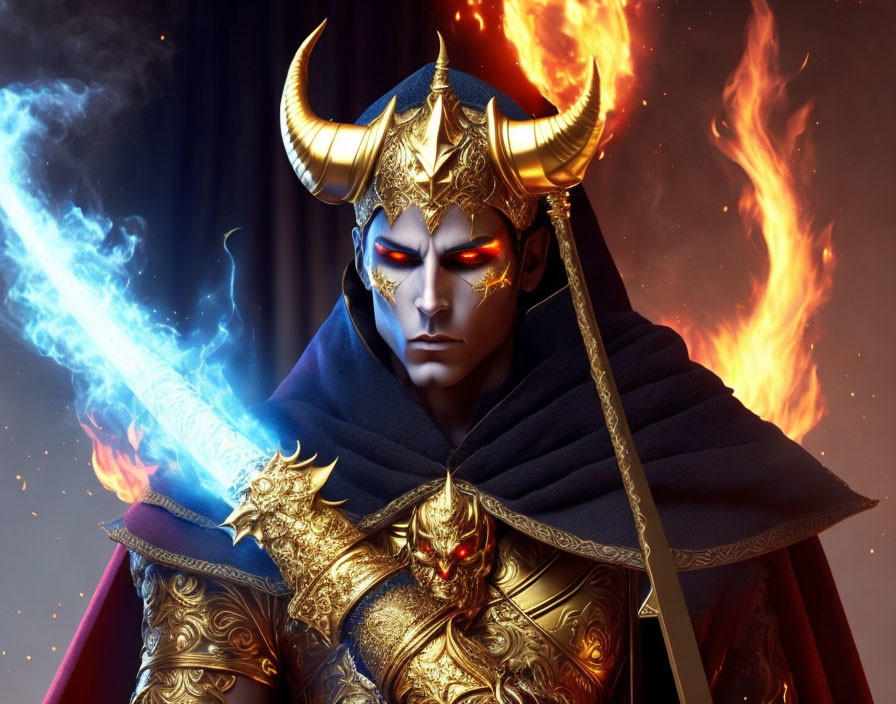 Fantasy character in golden armor with glowing red eyes and blue magical flames