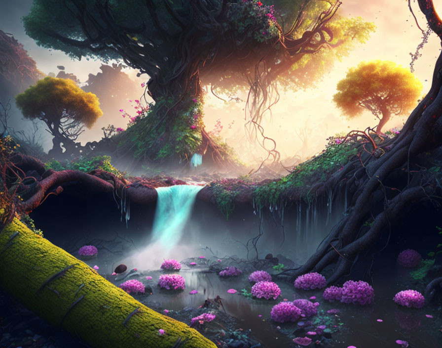 Vibrant enchanted forest with waterfall, purple flowers, and mystical fog