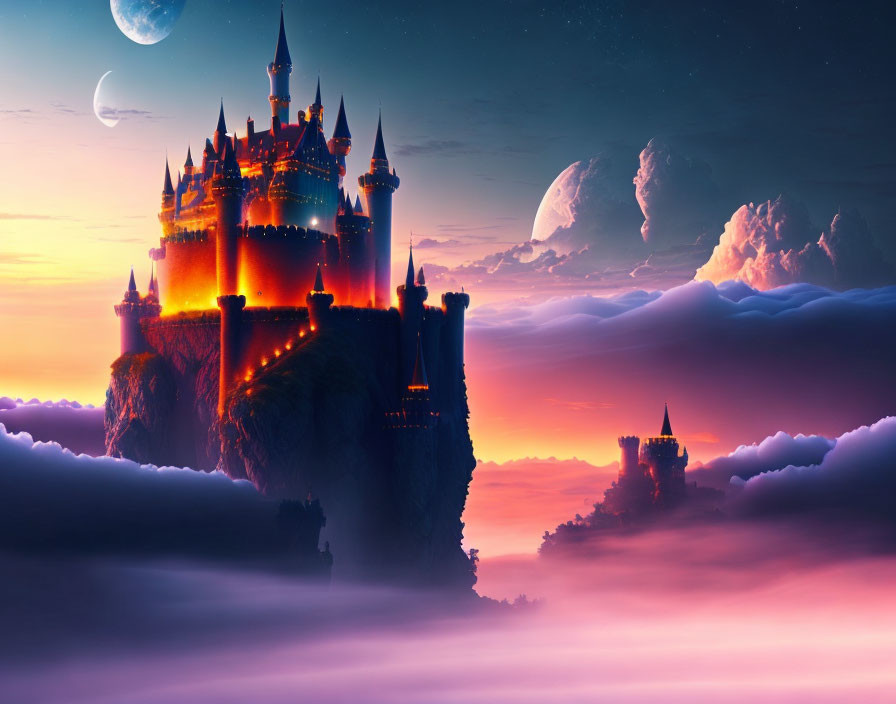 Fantasy landscape with illuminated castles on floating islands under purple clouds and two moons.