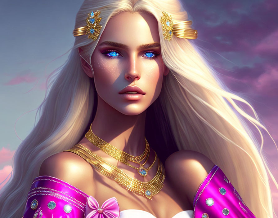 Fantasy digital artwork of a woman with white hair, blue eyes, golden jewelry, and purple dress