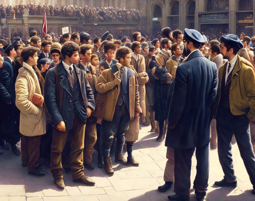 Vintage Clothing Boys Saluting with Officer in Crowded Outdoor Setting