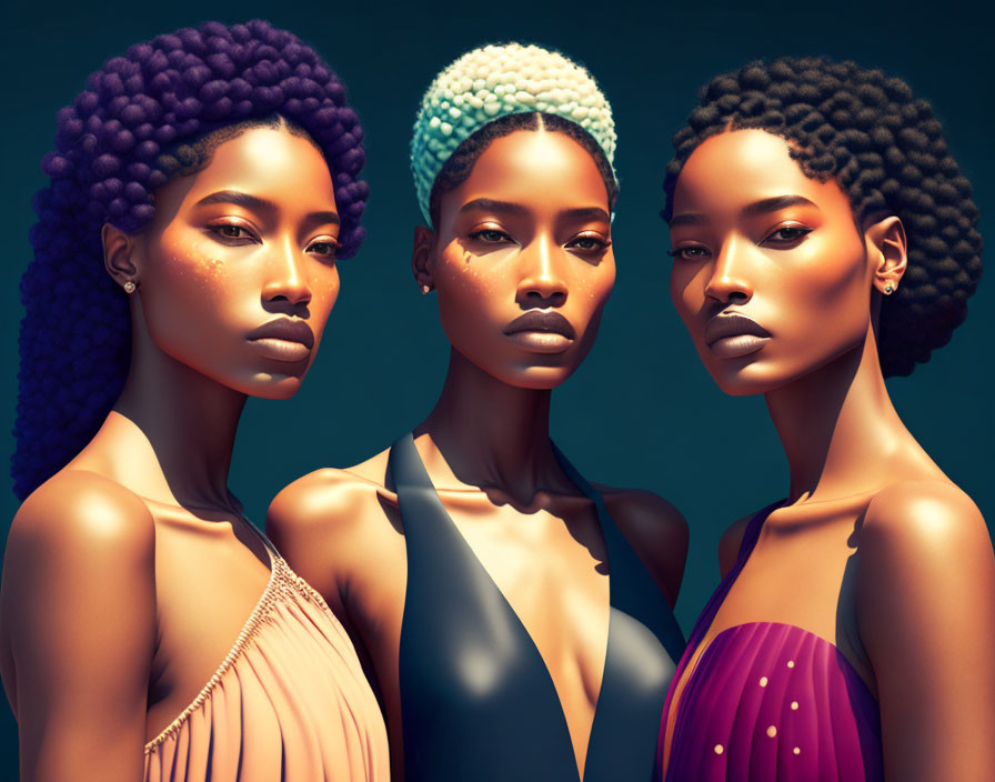 Elegant Women with Distinctive Hairstyles and Graceful Poses
