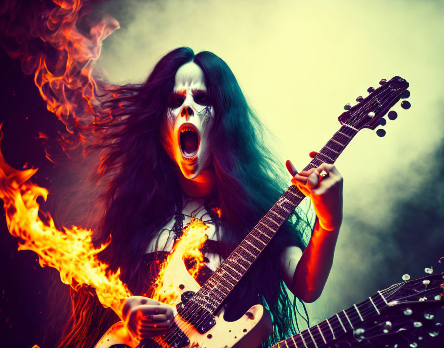 Person with dramatic makeup playing electric guitar in fiery scene