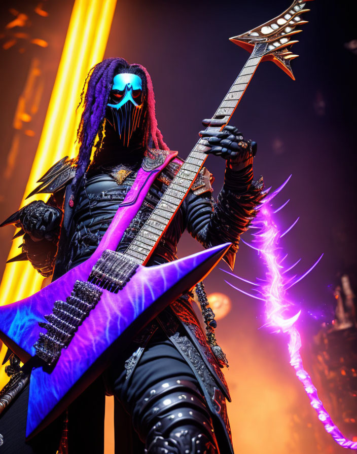 Masked Person with Vibrant Dreadlocks Playing Electric Guitar amid Dynamic Lighting and Theatrical Smoke