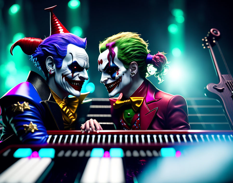 Colorful Stage with Stylized Joker Characters Playing Piano Duo