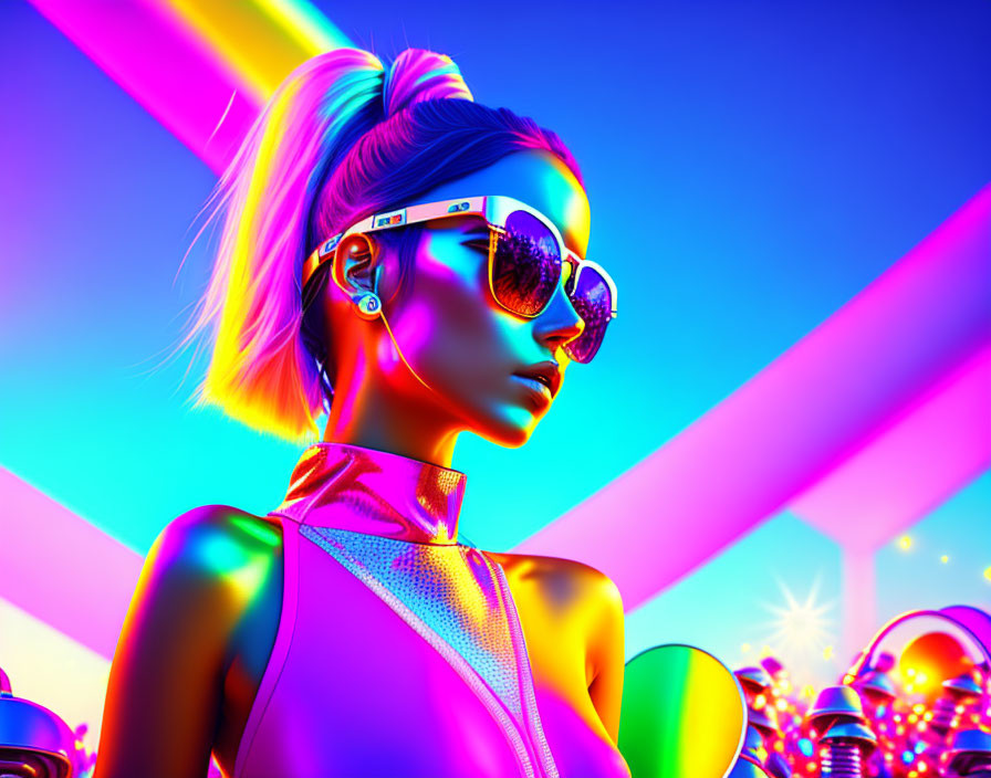 Neon-lit digital artwork of a stylized woman with sunglasses