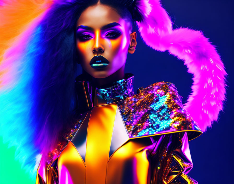 Woman in dramatic makeup and metallic outfit under neon lights with pink accessory