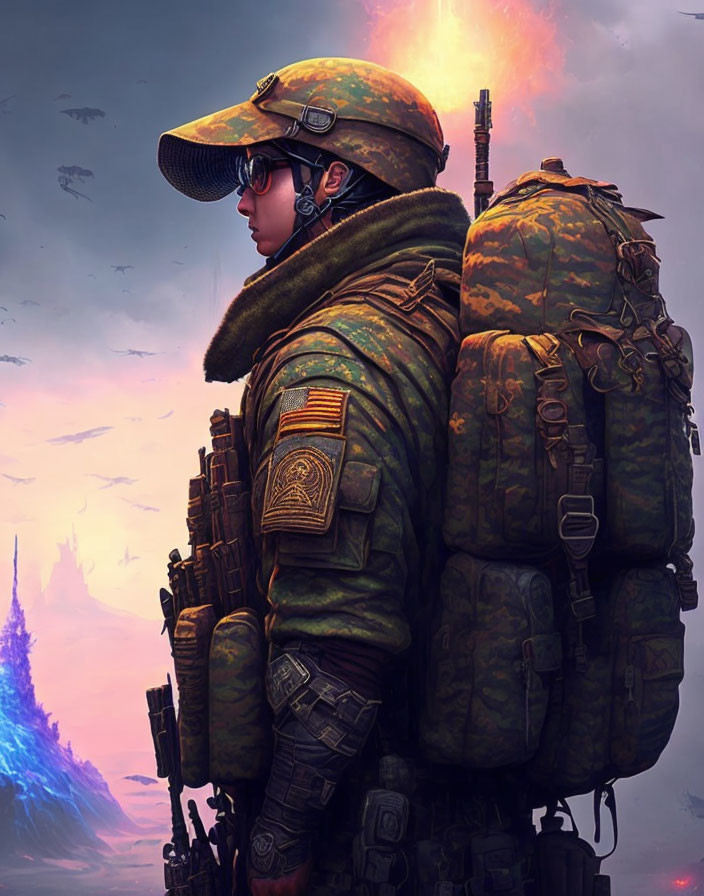 Camouflaged soldier digital artwork with dramatic purple sky