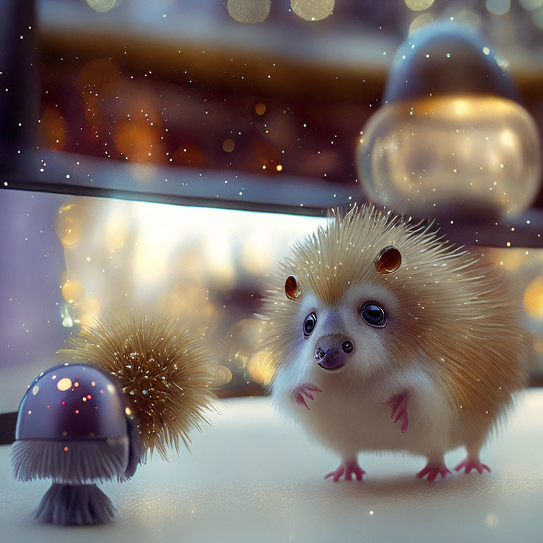 Illustrated hedgehog meets mushroom on snowy windowsill