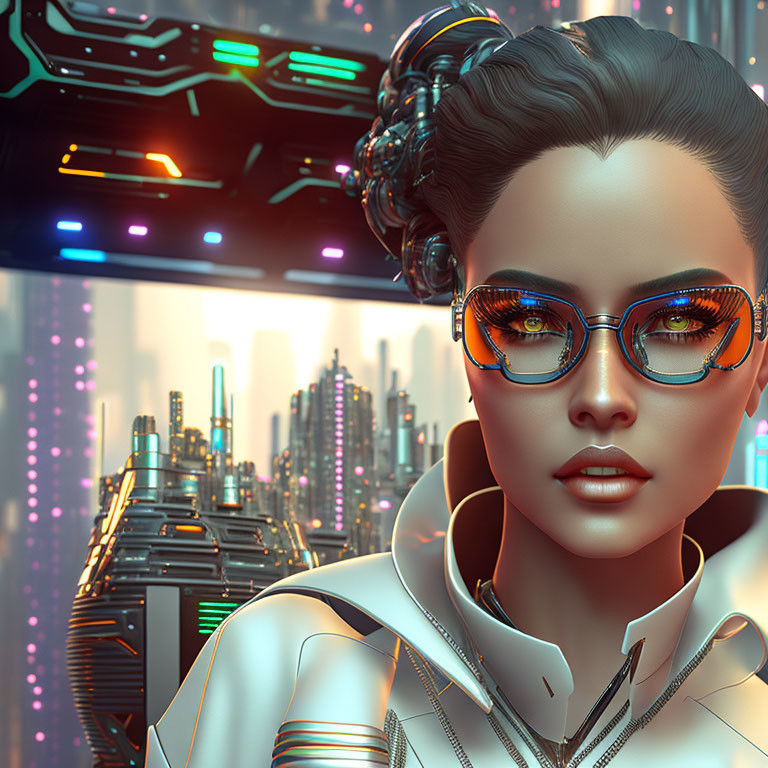 Stylish glasses on futuristic female android in neon cityscape