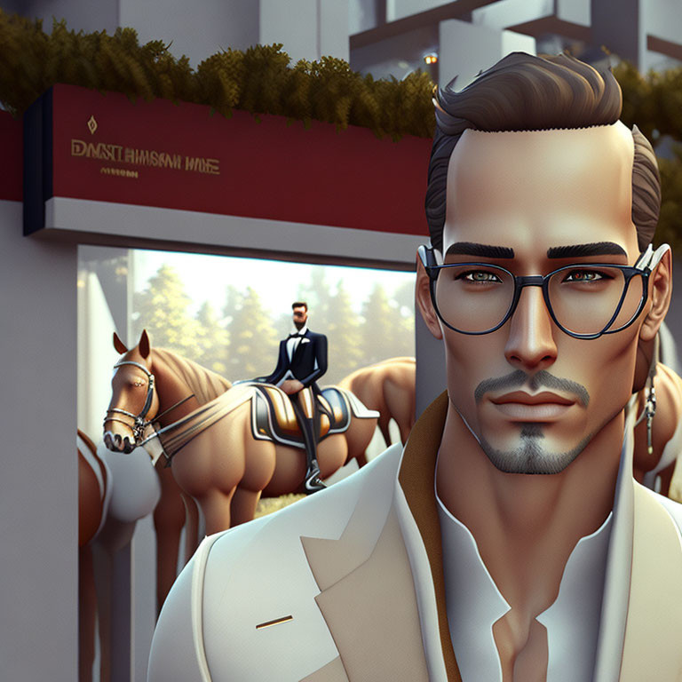 Stylized illustration: Man in glasses, cream blazer, equestrian-themed backdrop