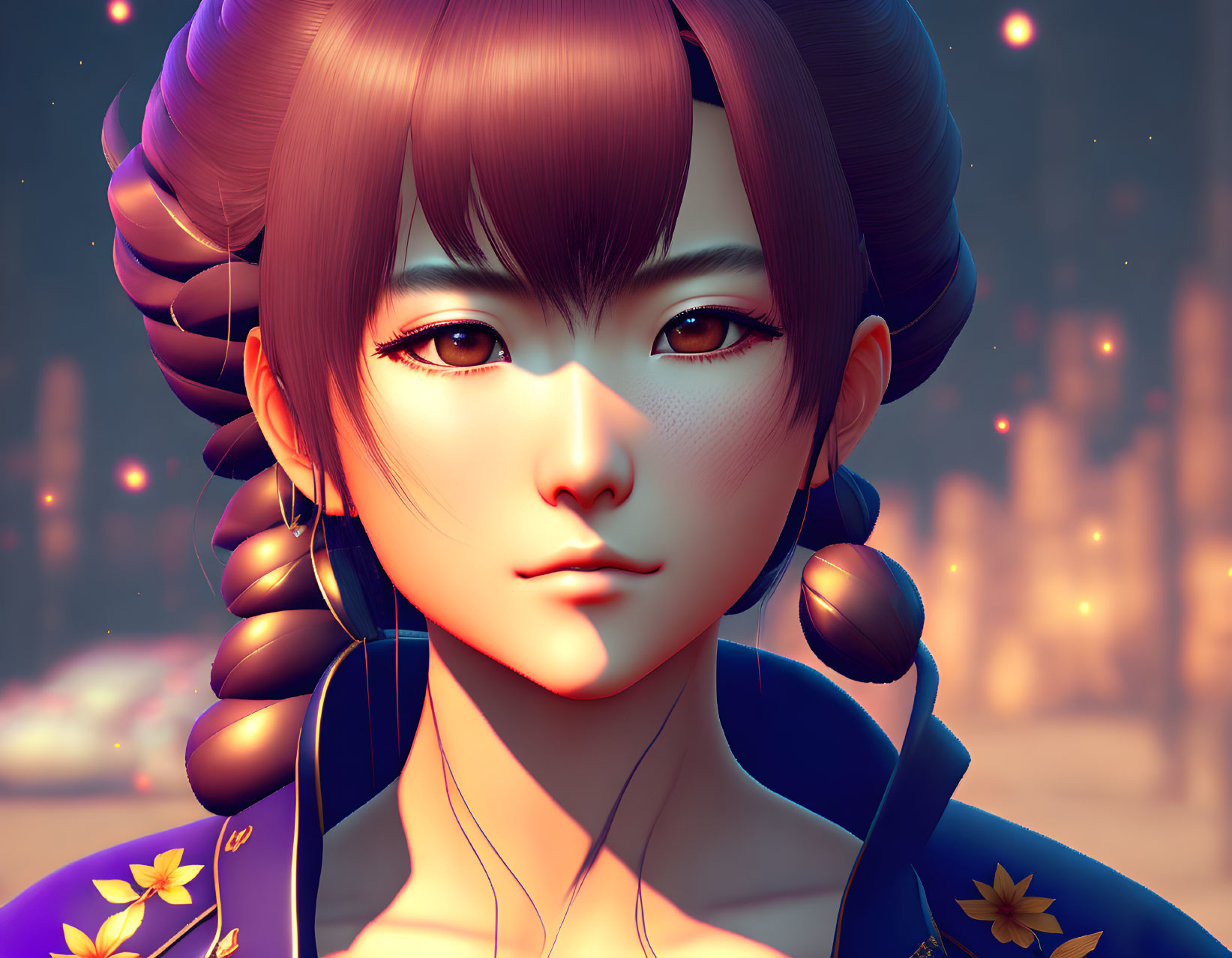 Detailed 3D-rendered female character with intricate hair in warm, ember-filled setting