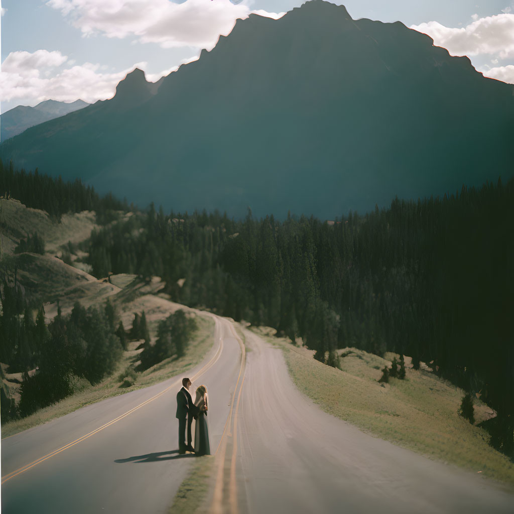 Couple embracing on deserted road with mountains and cloudy sky