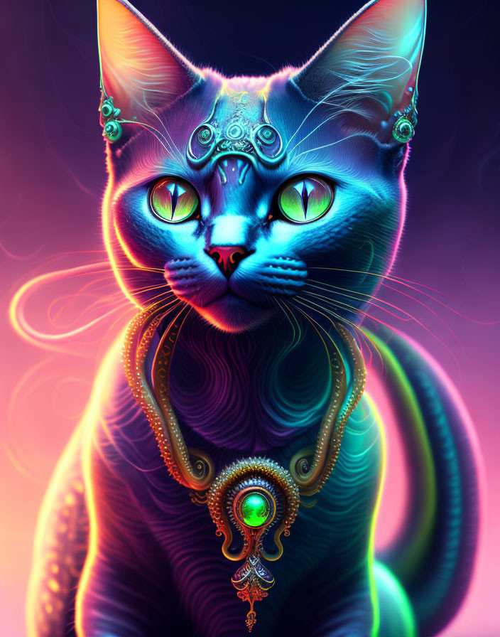 Colorful digital artwork: Mystical cat with neon colors, intricate patterns, and glowing jewelry on gradient