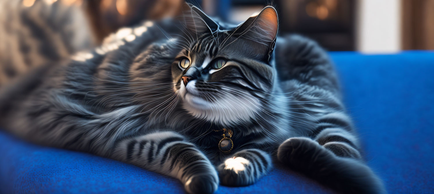 Striped Cat with Bell Collar Relaxing on Blue Couch